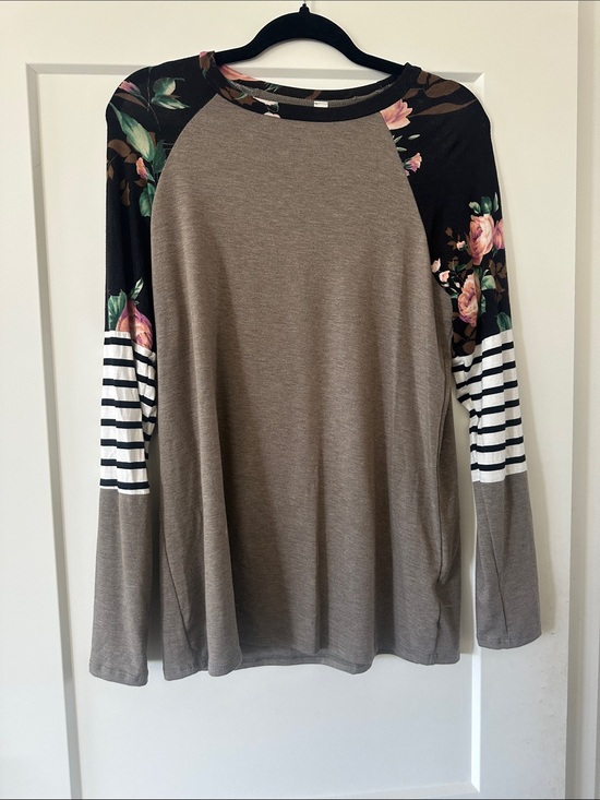 Vanilla Bay Tops - Vanilla Bay Taupe Raglan Long Sleeve Top with Floral & Stripes